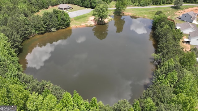 drone / aerial view featuring a water view and a view of trees
