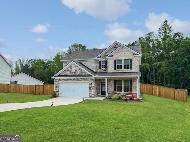314 Vine Ct, Griffin, GA 30223 - view of front of home featuring covered porch, driveway, an attached garage, stone siding, and a shingled roof