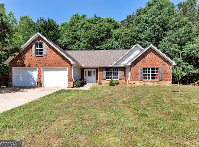 150 Buckeye Trails Dr, Commerce, GA 30530 - ranch-style home featuring driveway, french doors, a front yard, a garage, and brick siding