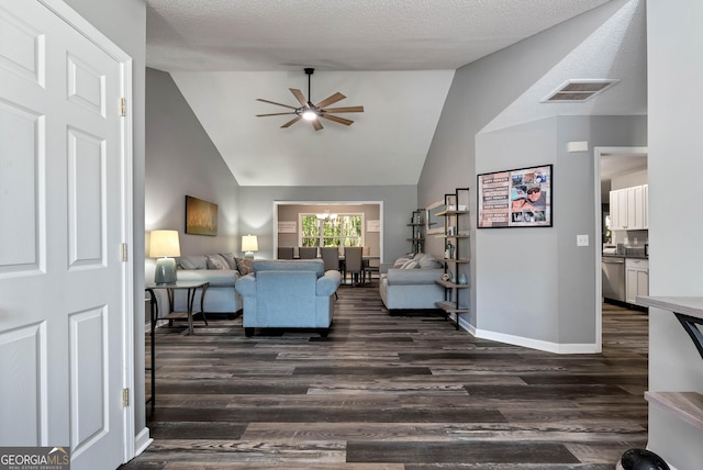 150 Buckeye Trails Dr, Commerce, GA 30530 - living area with visible vents, baseboards, high vaulted ceiling, a ceiling fan, and dark wood finished floors