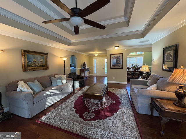 108 Hope Ln, Cedartown, GA 30125 - living area featuring a ceiling fan, visible vents, crown molding, wood finished floors, and a raised ceiling