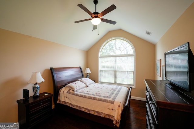 108 Hope Ln, Cedartown, GA 30125 - bedroom featuring visible vents, baseboards, ceiling fan, lofted ceiling, and dark wood-style floors