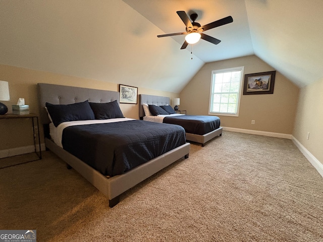 108 Hope Ln, Cedartown, GA 30125 - bedroom with baseboards, a ceiling fan, light colored carpet, and vaulted ceiling