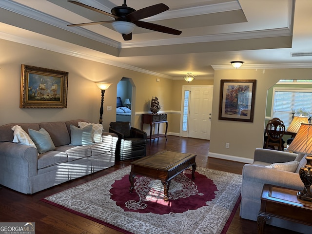 108 Hope Ln, Cedartown, GA 30125 - living room with a tray ceiling, ceiling fan, visible vents, crown molding, and wood finished floors