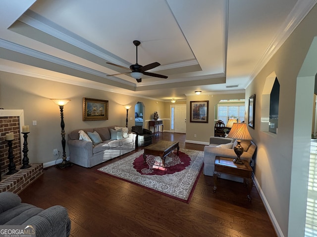 108 Hope Ln, Cedartown, GA 30125 - living room with wood-type flooring, a fireplace, crown molding, a raised ceiling, and ceiling fan