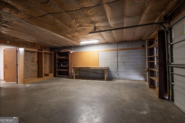 basement with concrete block wall and a garage