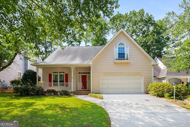 4481 Mccart Cv, Stone Mountain, GA 30083 - traditional home featuring covered porch, concrete driveway, a front lawn, an attached garage, and roof with shingles