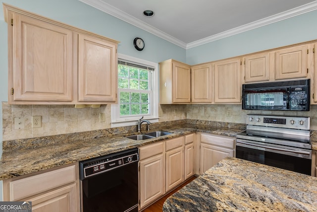 4481 Mccart Cv, Stone Mountain, GA 30083 - kitchen featuring black appliances, light brown cabinetry, a sink, ornamental molding, and dark stone counters