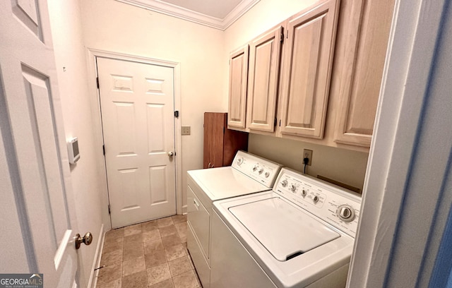 laundry area featuring crown molding, cabinet space, separate washer and dryer, and light stone finish flooring