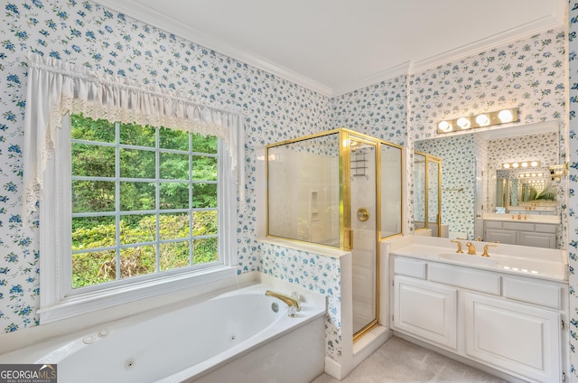 4481 Mccart Cv, Stone Mountain, GA 30083 - full bathroom featuring wallpapered walls, crown molding, a shower stall, plenty of natural light, and vanity