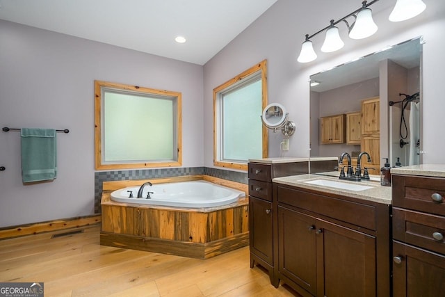 bathroom featuring a bath, vanity, wood finished floors, and visible vents