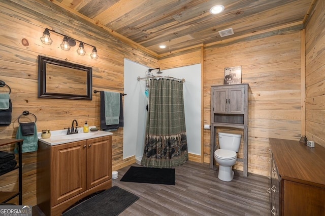 bathroom featuring vanity, wood finished floors, a shower with shower curtain, wooden walls, and wood ceiling
