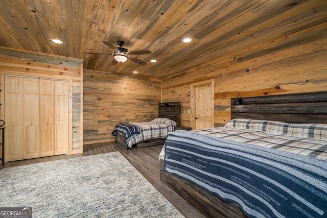 bedroom featuring wooden walls, recessed lighting, wooden ceiling, and dark wood-type flooring