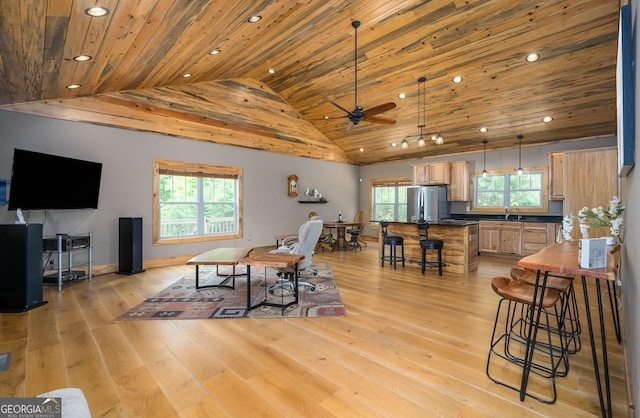living area with wooden ceiling, a wealth of natural light, and lofted ceiling