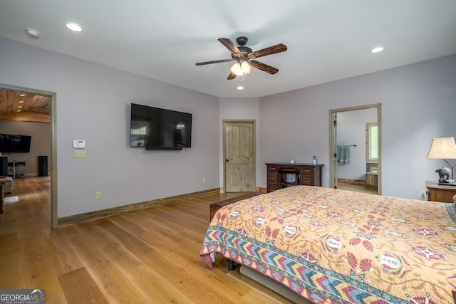 bedroom featuring a ceiling fan, baseboards, ensuite bathroom, recessed lighting, and light wood-style flooring