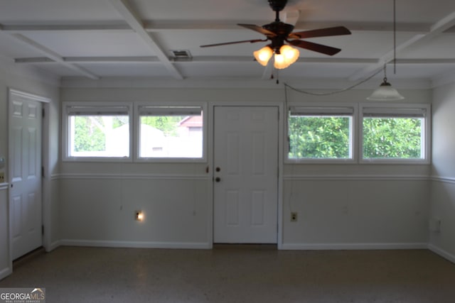 foyer entrance with a ceiling fan, beamed ceiling, baseboards, and coffered ceiling