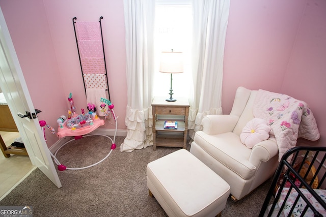 living area featuring baseboards and carpet flooring