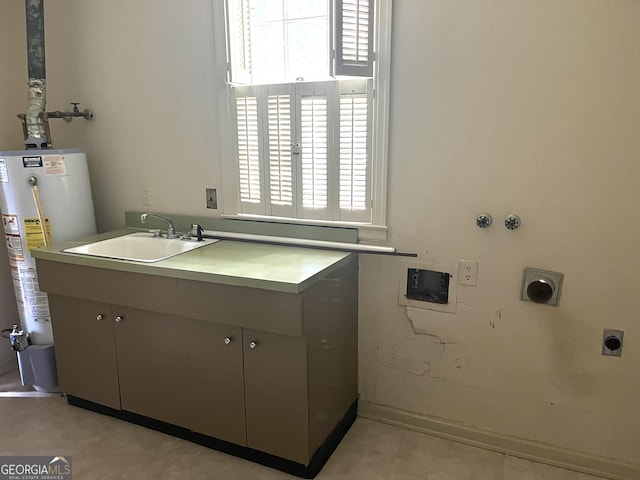 laundry room with hookup for a washing machine, a sink, cabinet space, water heater, and hookup for an electric dryer