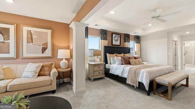 bedroom featuring a ceiling fan, baseboards, a raised ceiling, light carpet, and recessed lighting