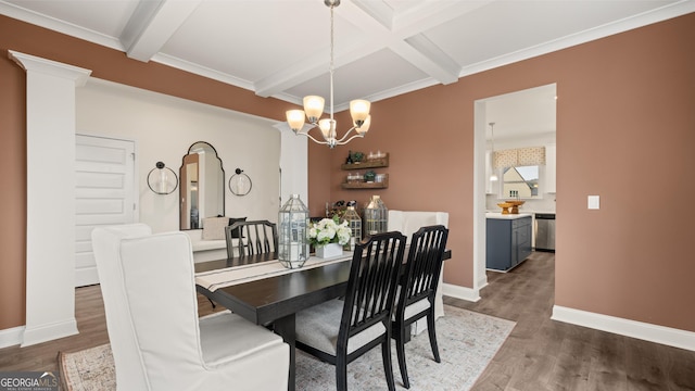 dining area with wood finished floors, baseboards, beamed ceiling, a chandelier, and coffered ceiling