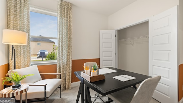office space featuring carpet flooring, baseboards, and a healthy amount of sunlight