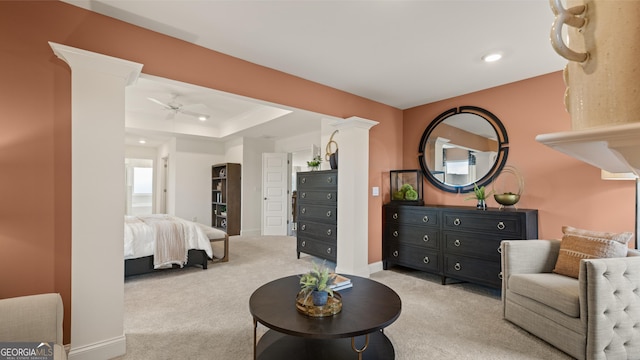 living area featuring carpet flooring, recessed lighting, ceiling fan, and baseboards