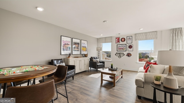living area with recessed lighting, baseboards, and wood finished floors