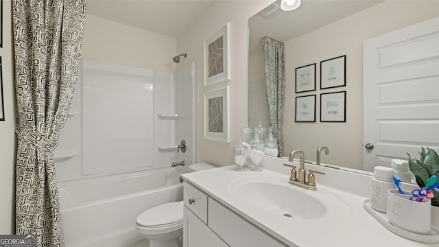 full bath featuring toilet, shower / tub combo, and vanity