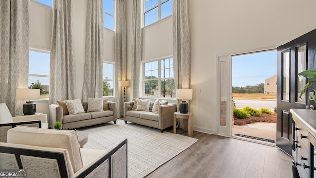 interior space with a towering ceiling, wood finished floors, and a wealth of natural light