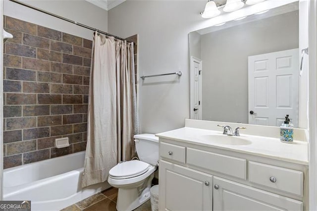 bathroom featuring vanity, ornamental molding, tile patterned flooring, toilet, and shower / bath combo