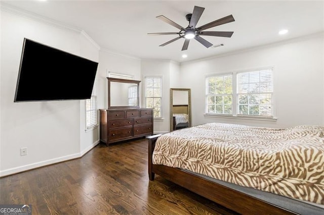 bedroom featuring crown molding, recessed lighting, baseboards, wood finished floors, and visible vents