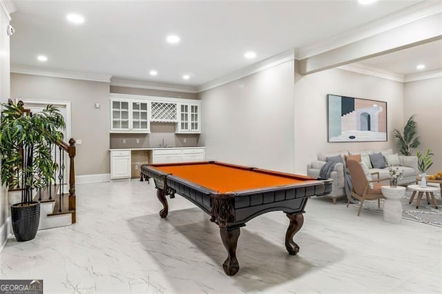 rec room featuring pool table, indoor wet bar, recessed lighting, and marble finish floor