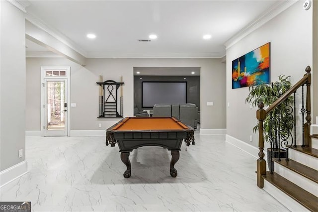 rec room with visible vents, marble finish floor, crown molding, and pool table