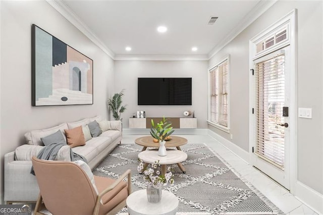 living room featuring visible vents, crown molding, baseboards, marble finish floor, and recessed lighting