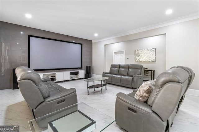 home theater with recessed lighting, ornamental molding, and marble finish floor