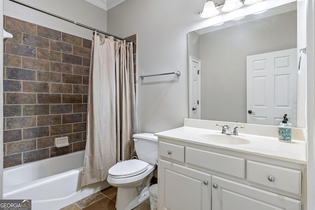 bathroom featuring tile patterned flooring, shower / bath combo, vanity, toilet, and ornamental molding