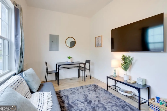 living room with electric panel and wood finished floors