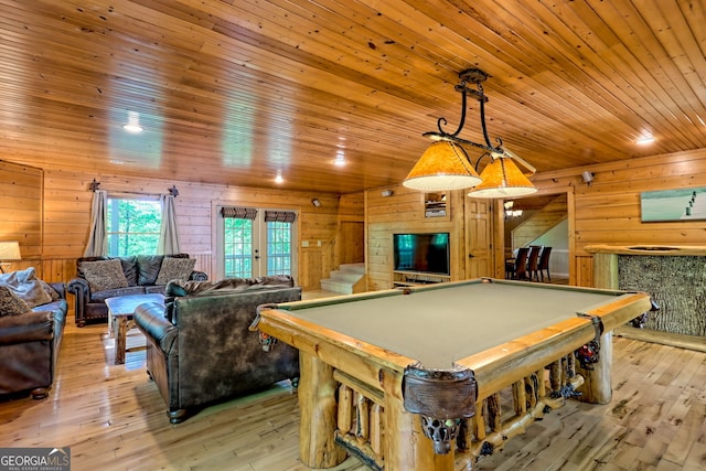 234 Raindance Ln, Clayton, GA 30525 - rec room featuring billiards, wood ceiling, wood walls, french doors, and light wood-type flooring