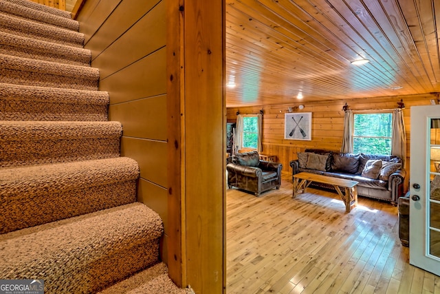 234 Raindance Ln, Clayton, GA 30525 - stairway with plenty of natural light, wooden walls, wood-type flooring, and wood ceiling