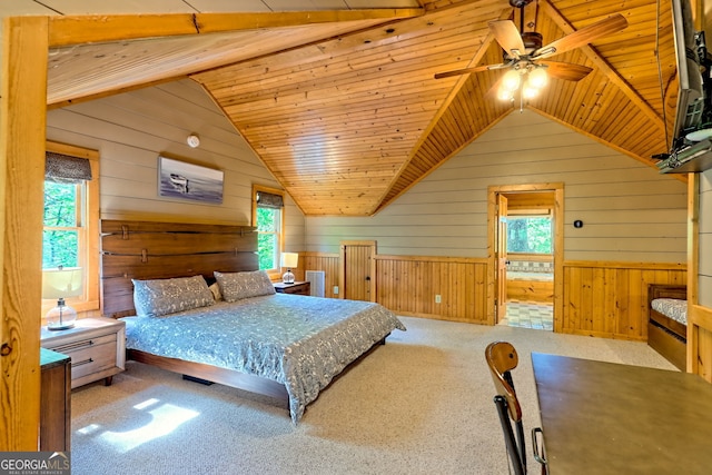 234 Raindance Ln, Clayton, GA 30525 - bedroom featuring wooden walls, vaulted ceiling, carpet, ensuite bath, and wood ceiling