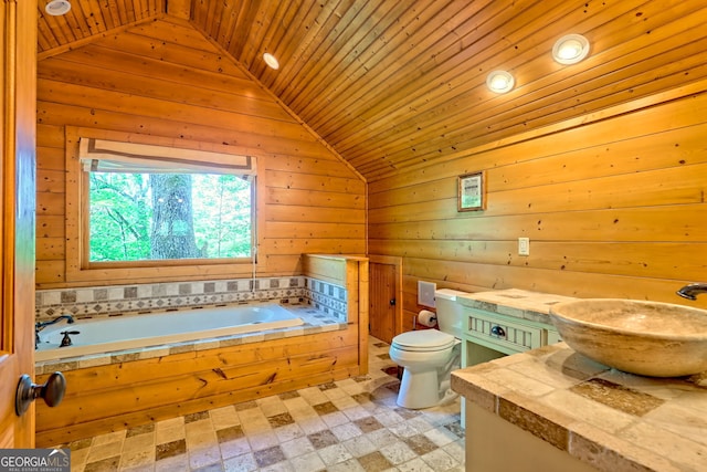 234 Raindance Ln, Clayton, GA 30525 - bathroom featuring lofted ceiling, wood ceiling, wood walls, toilet, and a bath