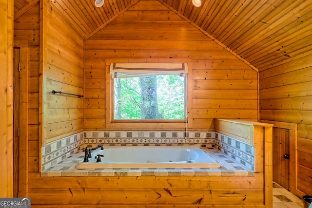 234 Raindance Ln, Clayton, GA 30525 - bathroom with vaulted ceiling, wood ceiling, a garden tub, and wood walls