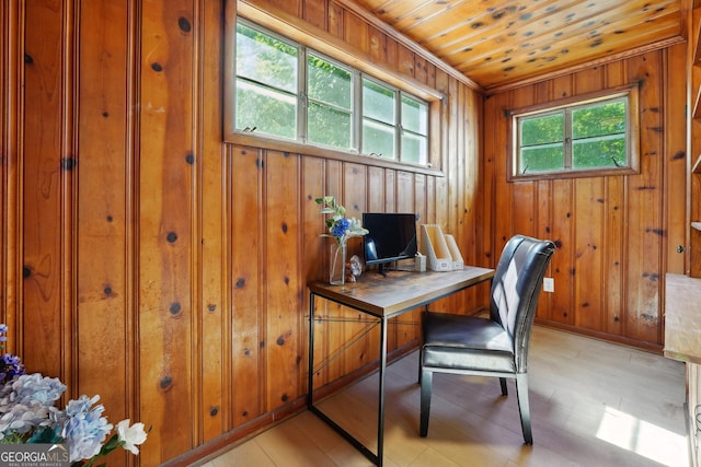 785 Alice St, Forest Park, GA 30297 - office area featuring baseboards, wood walls, and wooden ceiling