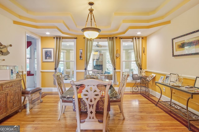 dining space featuring light wood finished floors, wainscoting, and a tray ceiling