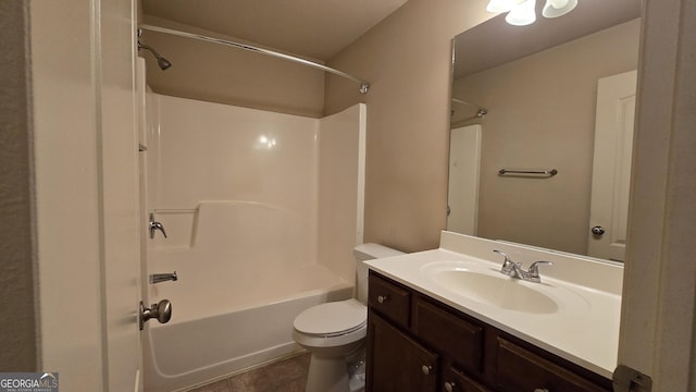 bathroom featuring shower / bathtub combination, toilet, tile patterned flooring, and vanity