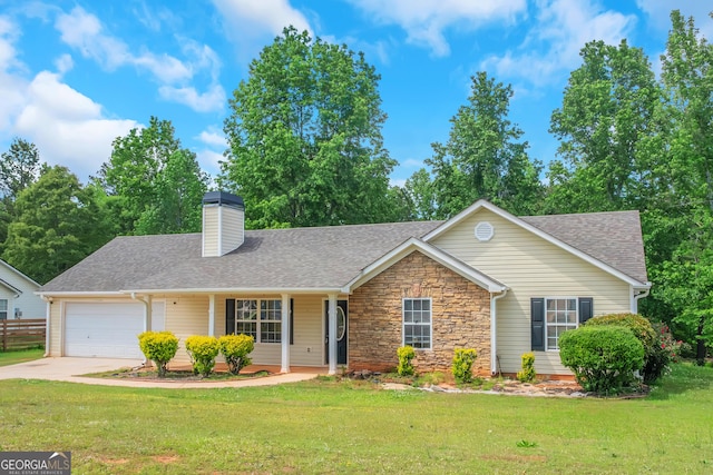 90 Heatherstone Way, Covington, GA 30016 - ranch-style home featuring a shingled roof, a front lawn, a garage, a chimney, and driveway