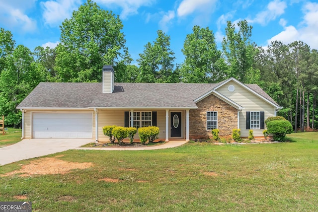 90 Heatherstone Way, Covington, GA 30016 - ranch-style house with a front lawn, roof with shingles, a chimney, an attached garage, and driveway
