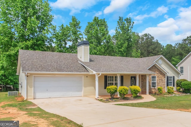 90 Heatherstone Way, Covington, GA 30016 - single story home featuring a shingled roof, an attached garage, a chimney, concrete driveway, and covered porch