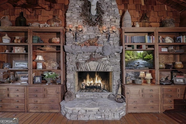 360 Cascade Pt, Ellijay, GA 30540 - living room with hardwood / wood-style floors, lofted ceiling, and a fireplace