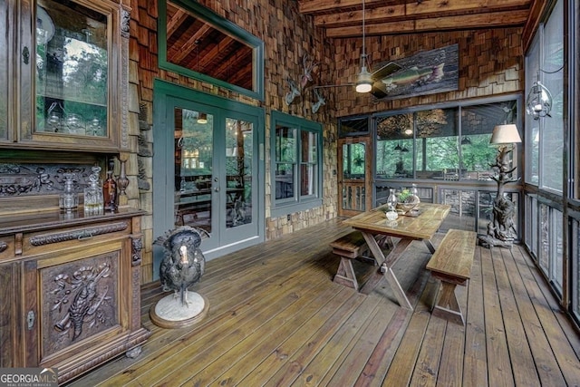 360 Cascade Pt, Ellijay, GA 30540 - sunroom with french doors, ceiling fan, and beam ceiling